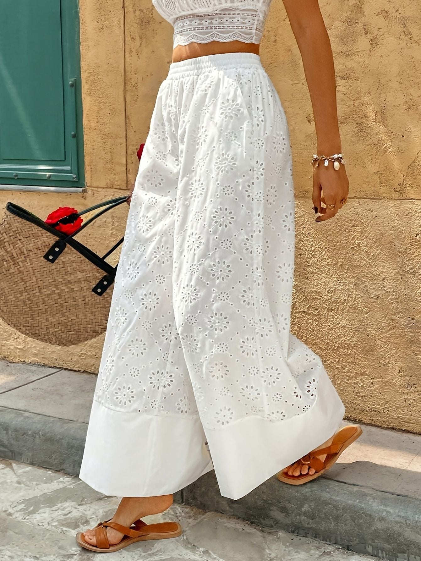 Dames broderie details brede broek