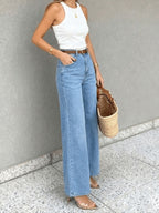 Dames blauwe stretch loose-fit brede jeans