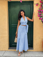 Dames halter gestreepte crop top rok set