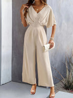 Dames v-hals wijde pijpen jumpsuit