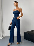 Dames strapless jumpsuit met knoopsluiting en flare pijpen