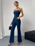 Dames strapless jumpsuit met knoopsluiting en flare pijpen