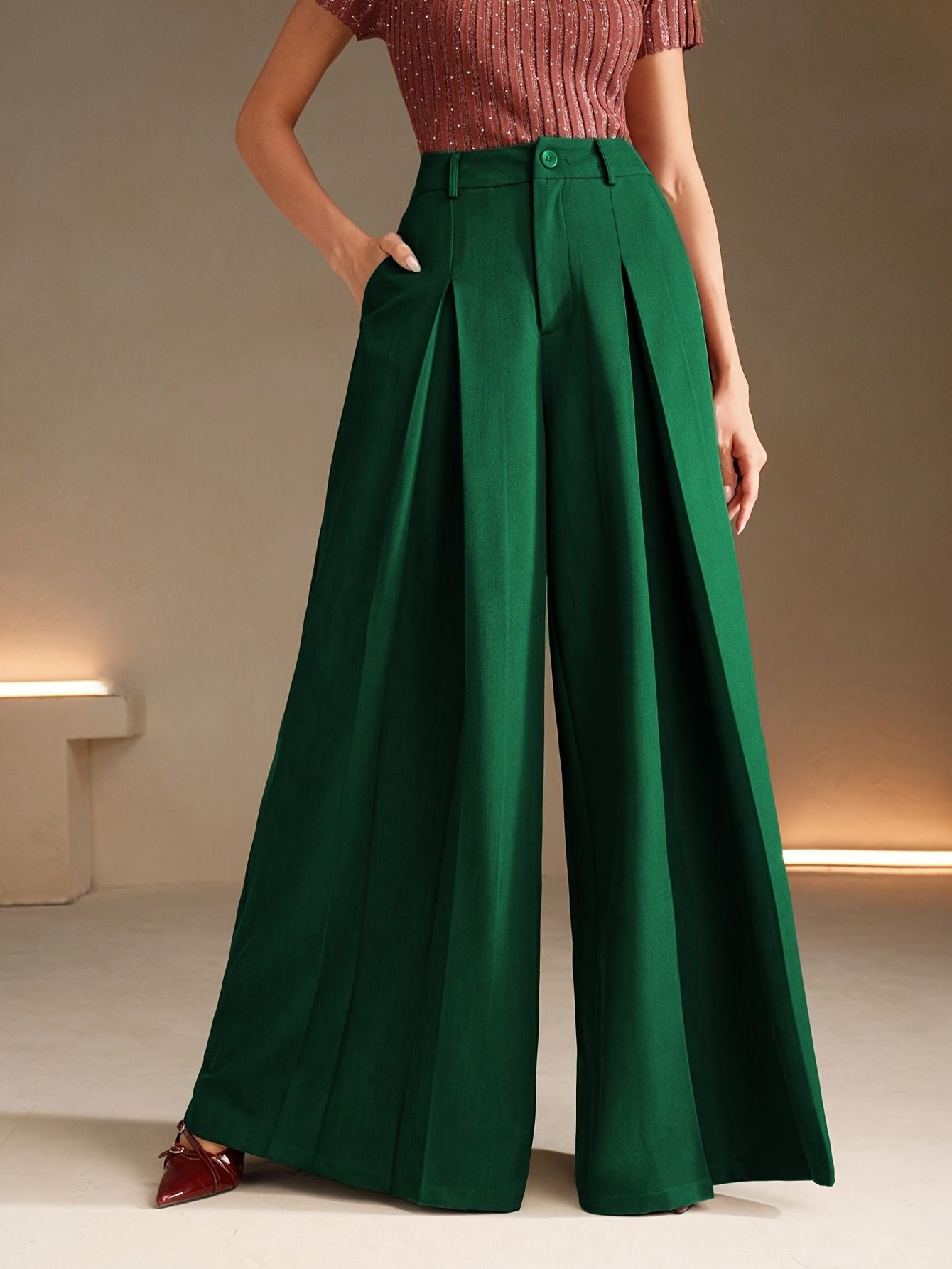 Dames hoge taille effen brede broek