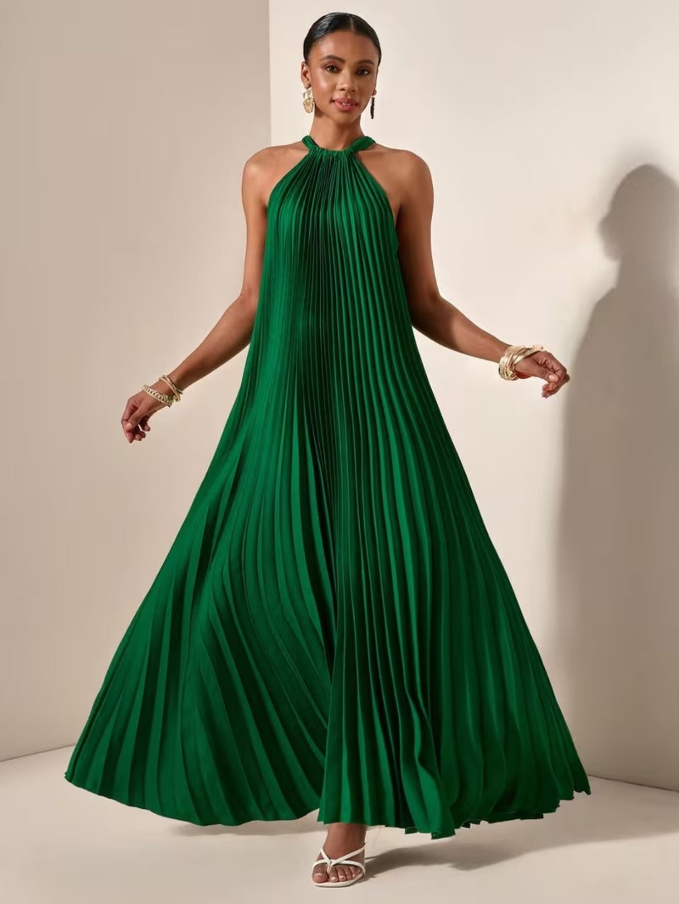 Dames halter geplooide maxi jurk