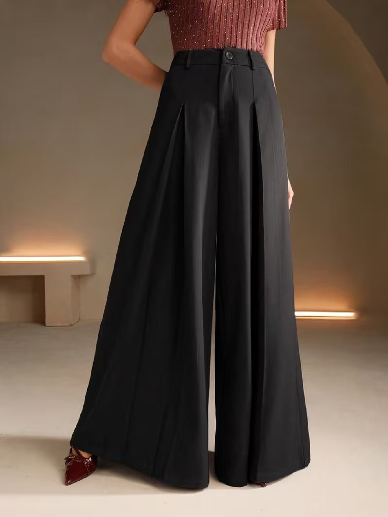 Dames hoge taille effen brede broek