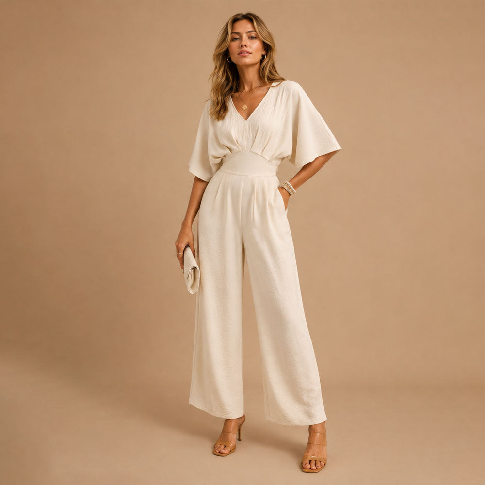 Dames v-hals wijde pijpen jumpsuit