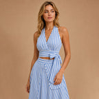 Dames halter gestreepte crop top rok set