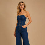Dames strapless jumpsuit met knoopsluiting en flare pijpen