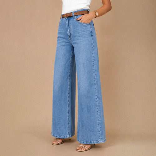 Dames blauwe stretch loose-fit brede jeans
