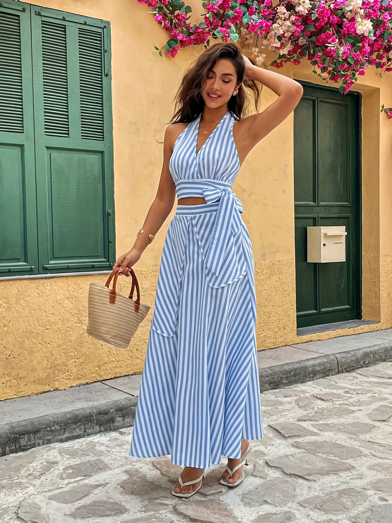 Dames halter gestreepte crop top rok set