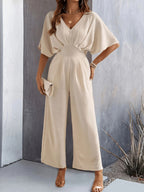 Dames v-hals wijde pijpen jumpsuit