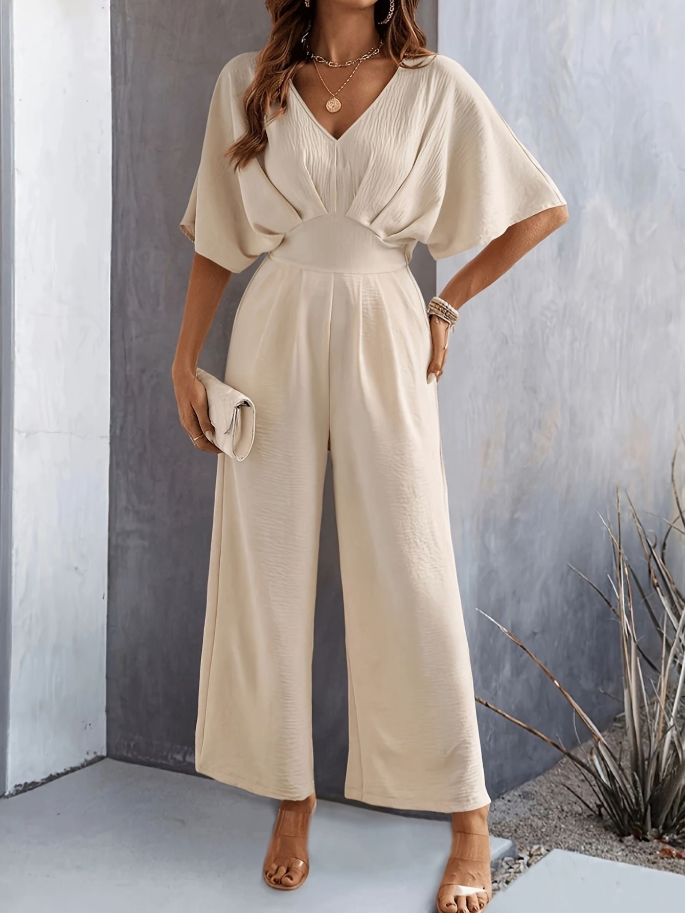 Dames v-hals wijde pijpen jumpsuit