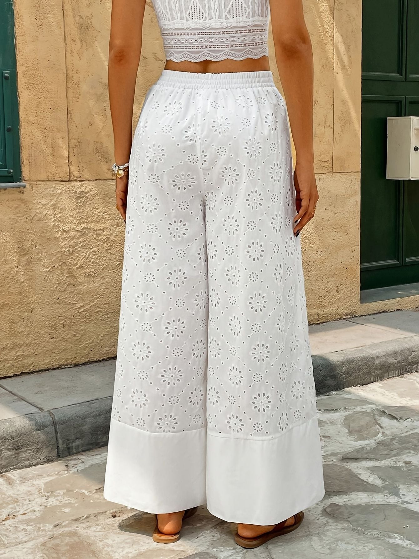 Dames broderie details brede broek