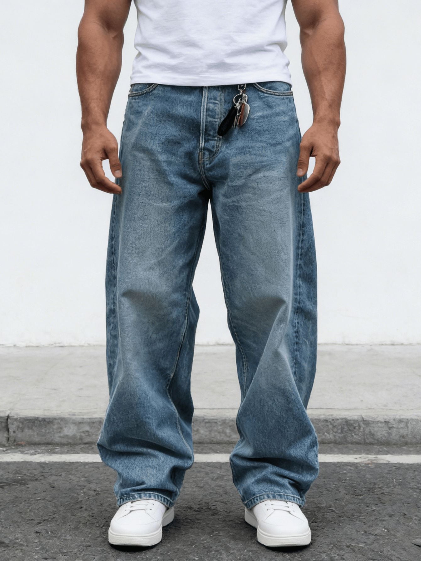 Heren gewassen jeans met wijde pijpen