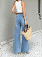 Dames blauwe stretch loose-fit brede jeans