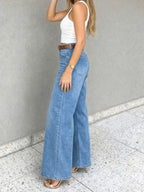 Dames blauwe stretch loose-fit brede jeans